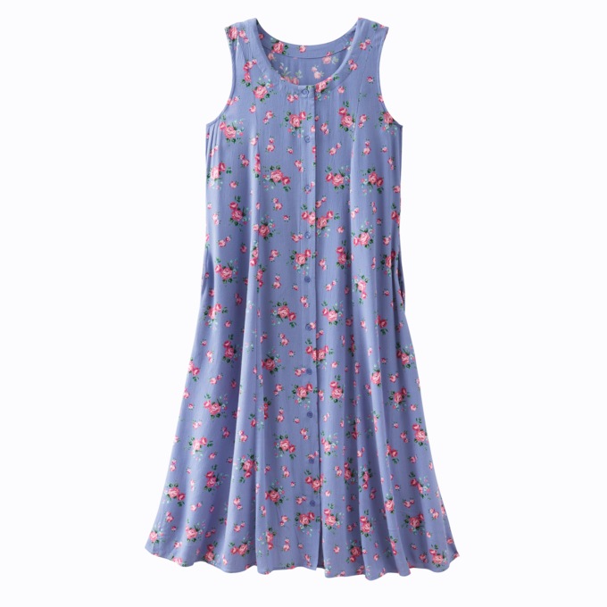 Sleeveless Button-Front Printed Dress, , large