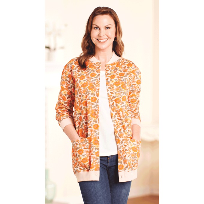 Snap-Front Cardigan, Pink Butterfly Print, large