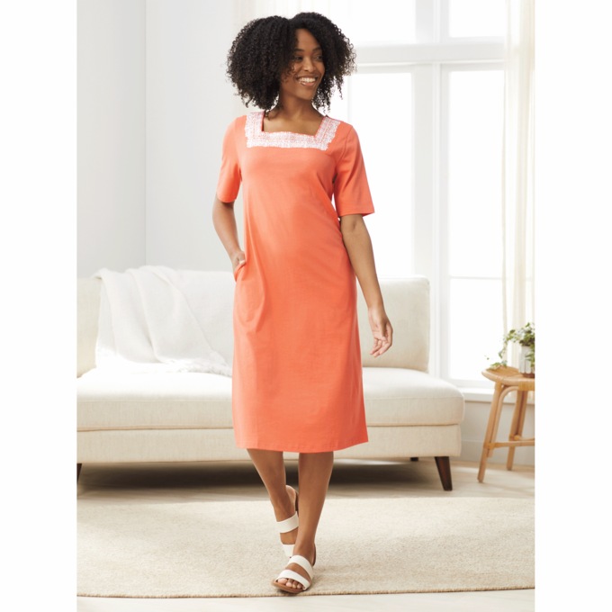 Embroidered Square-Neck Dress, , large