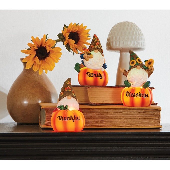 Set Of 3 Gnomes On Lit Pumpkins, , large