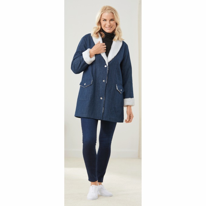 Denim Shearling Coat, Dark Denim, large