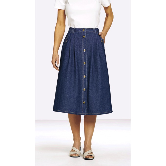 Button-Front Denim Skirt, Dark Denim, large