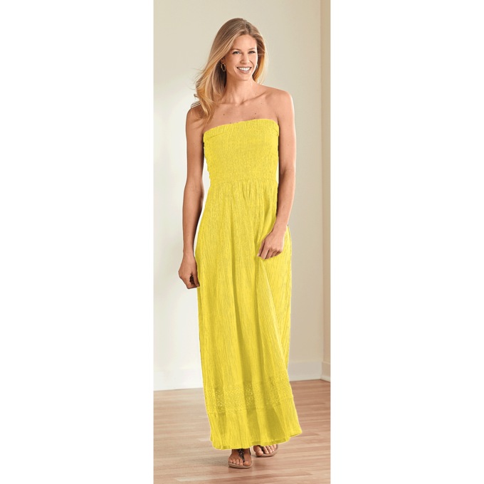 Smocked Strapless Dress, Yellow, large