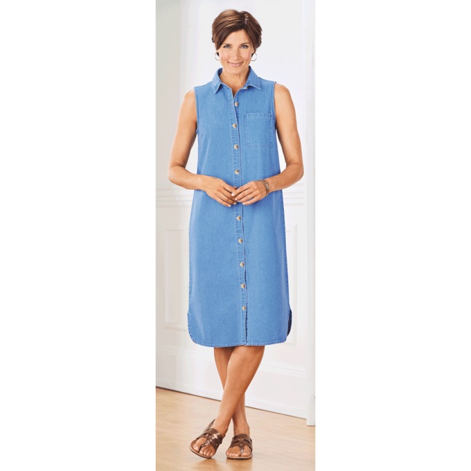 Button-Front Denim Dress, Light Denim Blue, large