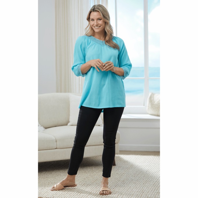 Lace-Trimmed Gauze Top, , large
