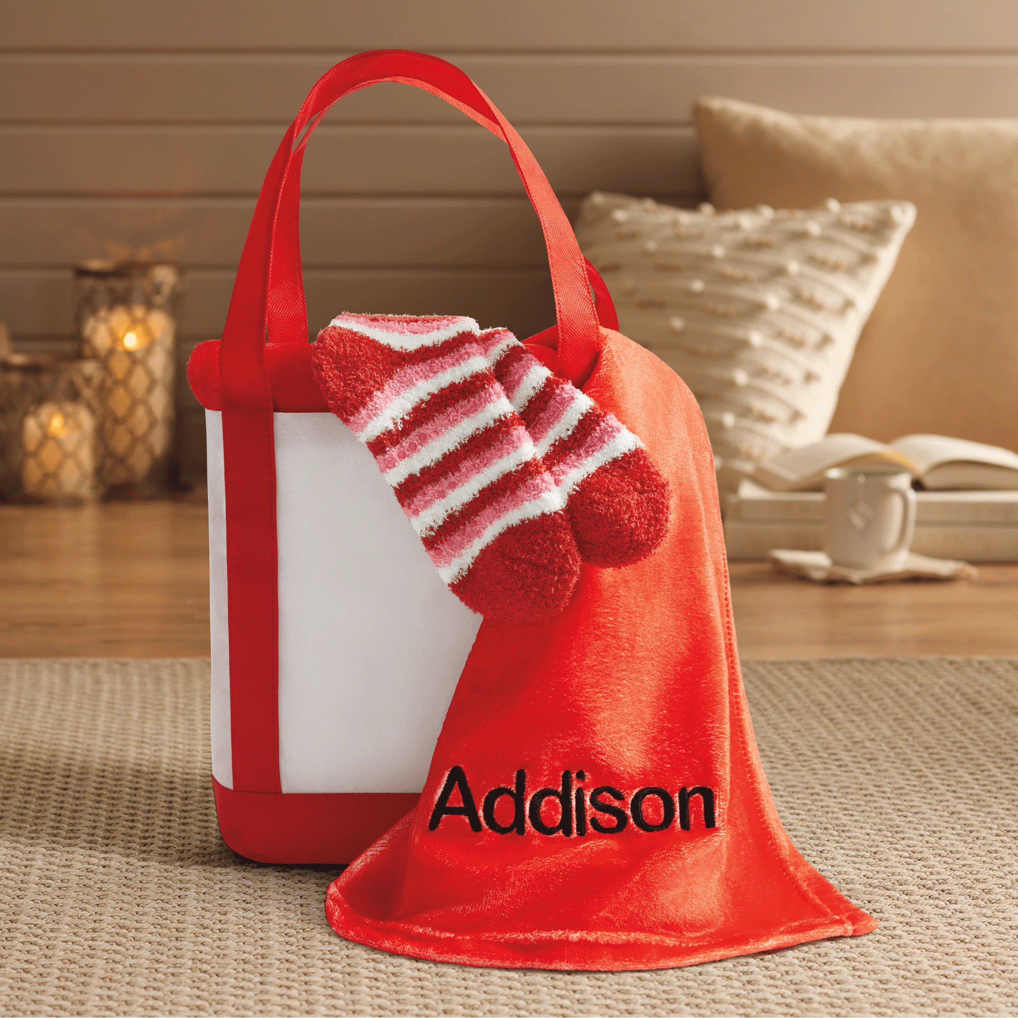 Tote, Throw & Socks Gift Set, Red, large