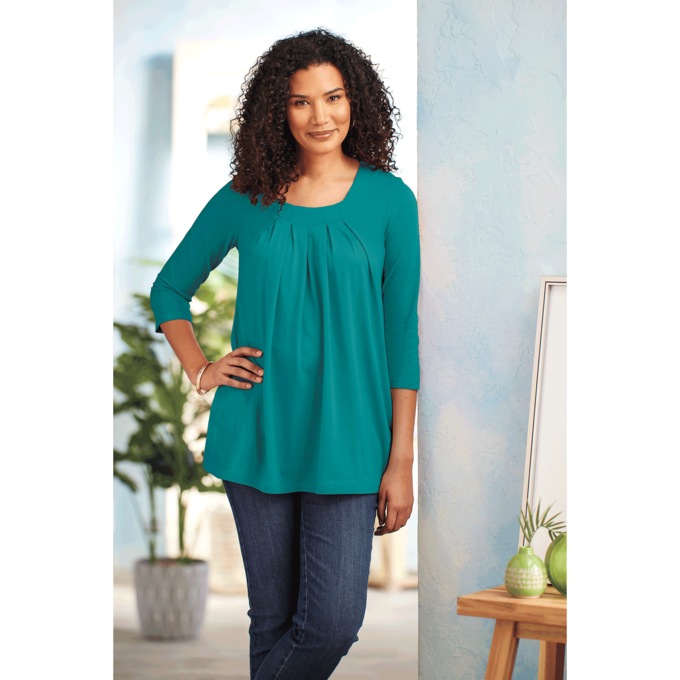 Pleated Neck Swing Tunic with Pockets, Teal Green, large