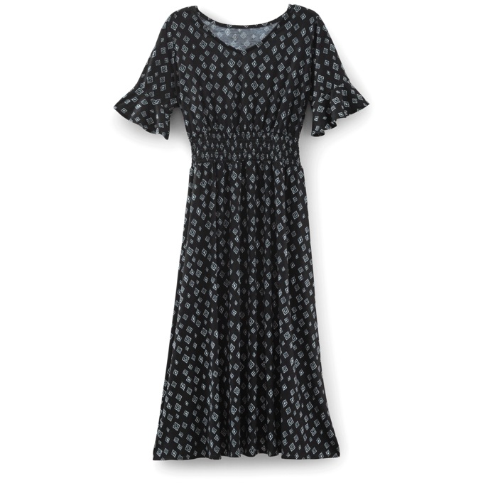 Patterned Smocked Waist Dress, Black Print, large