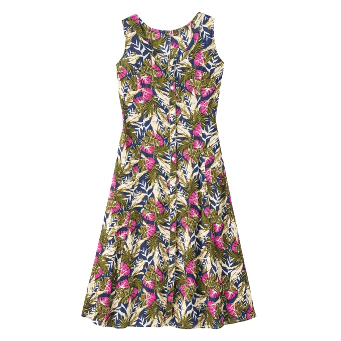 Sleeveless Button-Front Print Dress, Navy Border, large