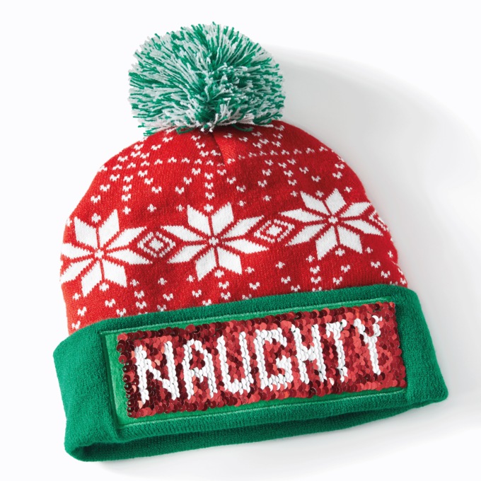 Naughty or Nice Sequin Pom Hat, , large