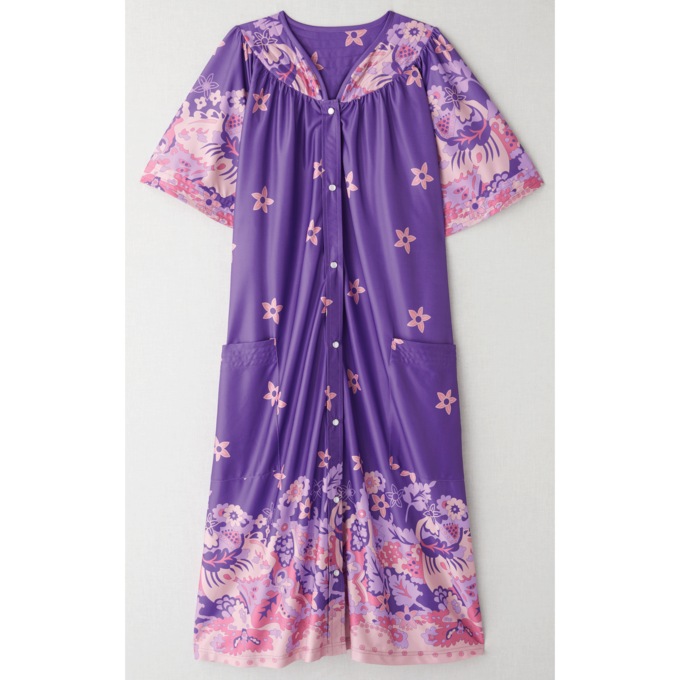 Polyester Snap-Front Duster, Purple Print, large