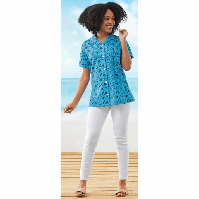 Seersucker Print Blouse, Turquoise, large
