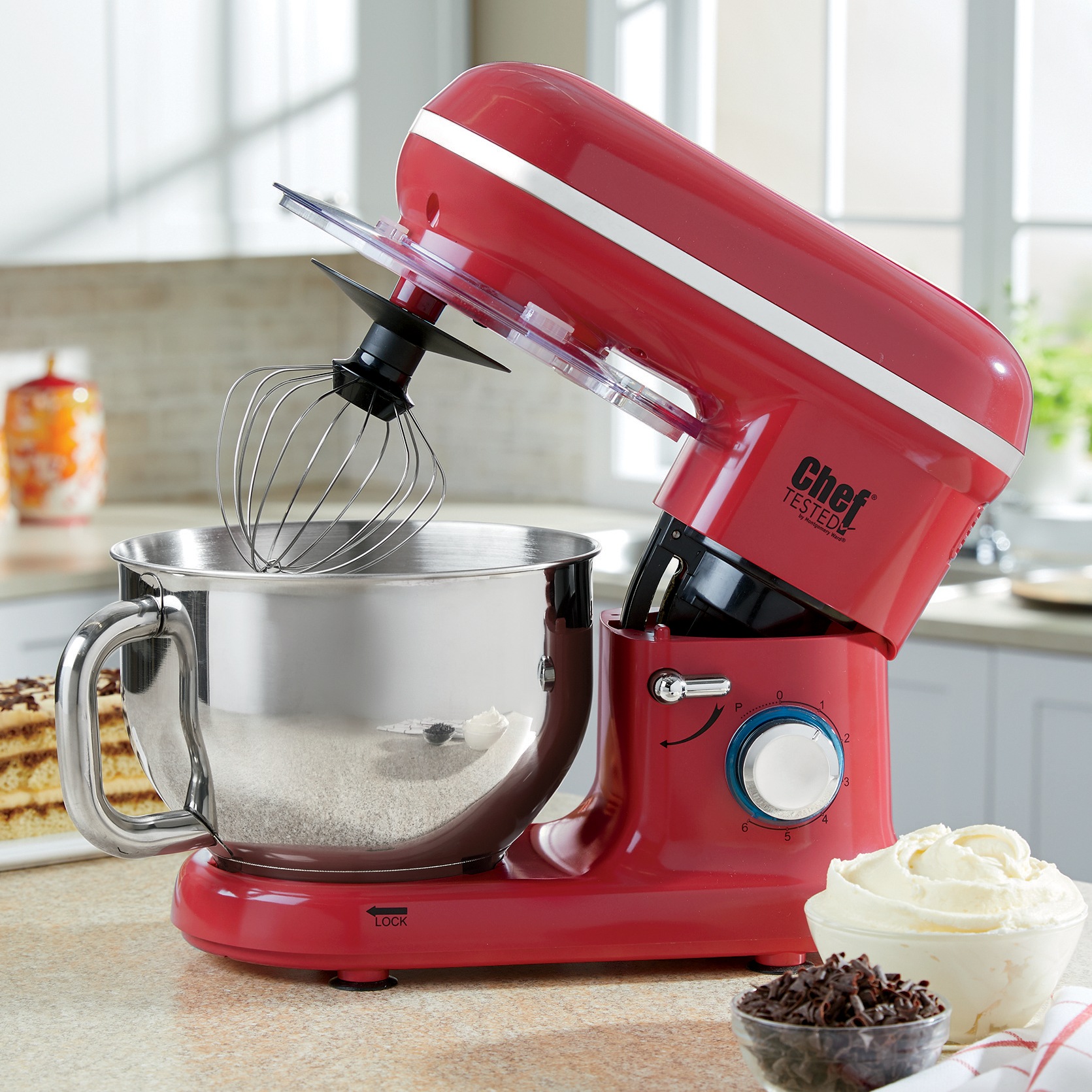 Chef Tested 5.5-Quart Stand Mixer with Splash Guard, Red, large