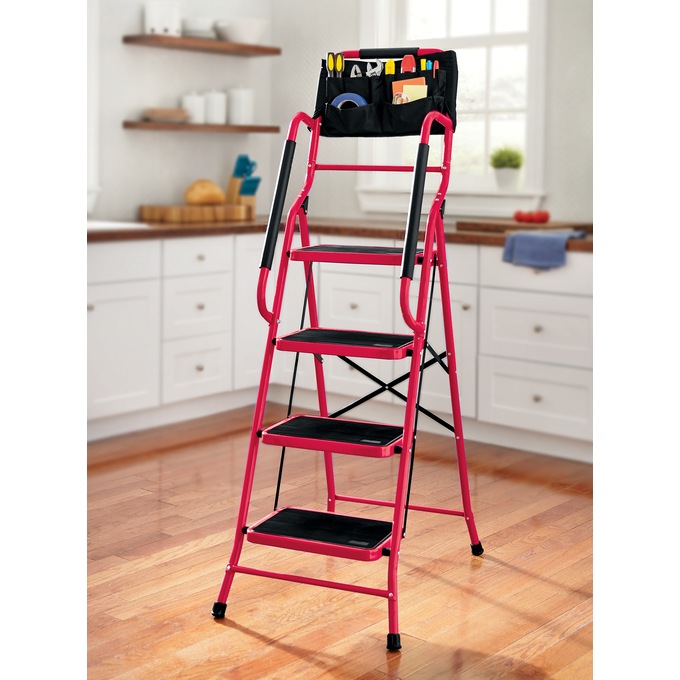 4-Step Safety Ladder with Tool Tote and Non-Slip Steps, Red, large