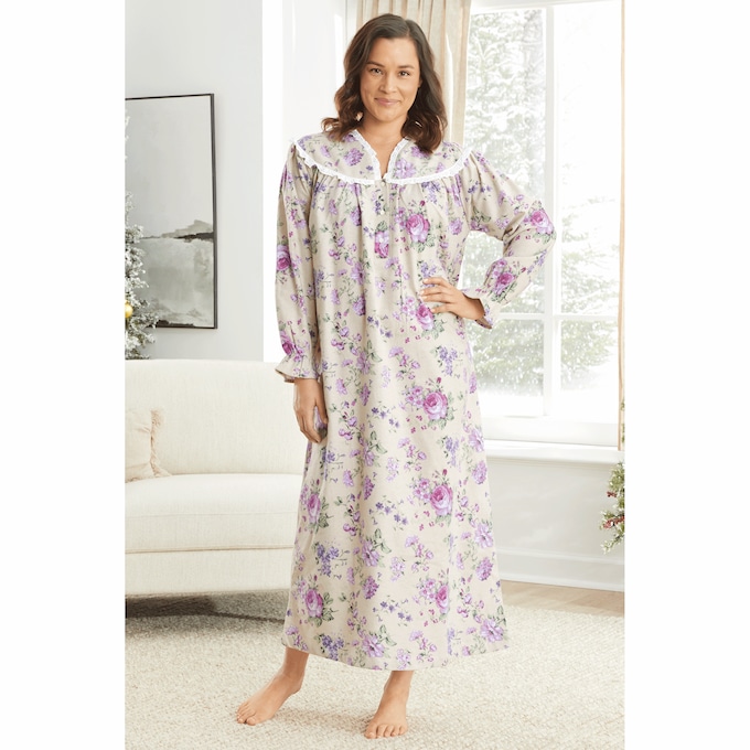 Flannel Cotton Nightgown with Lace Trim, , large