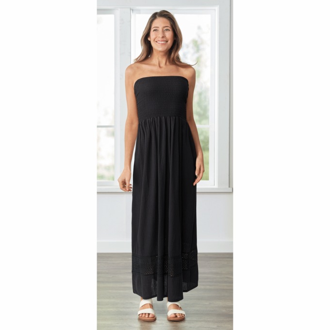 Smocked Strapless Dress, Black, large