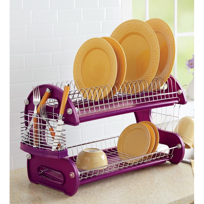 Space-Saving 2-Tier Dish Drying Rack with Utensil Holder, , large