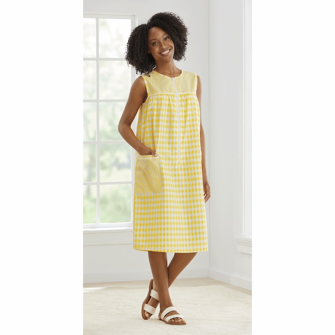 Zip-Front Seersucker Duster, Yellow, large