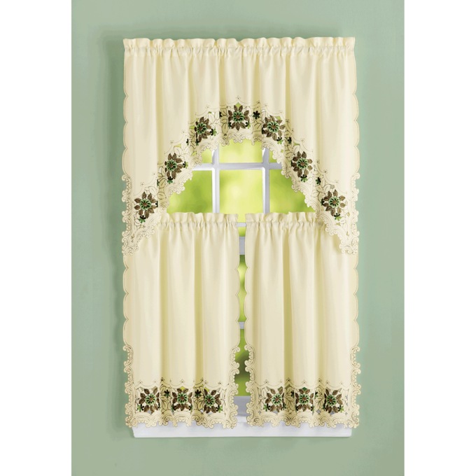 Tina Embroidered Cutwork Curtain Set, Sage, large