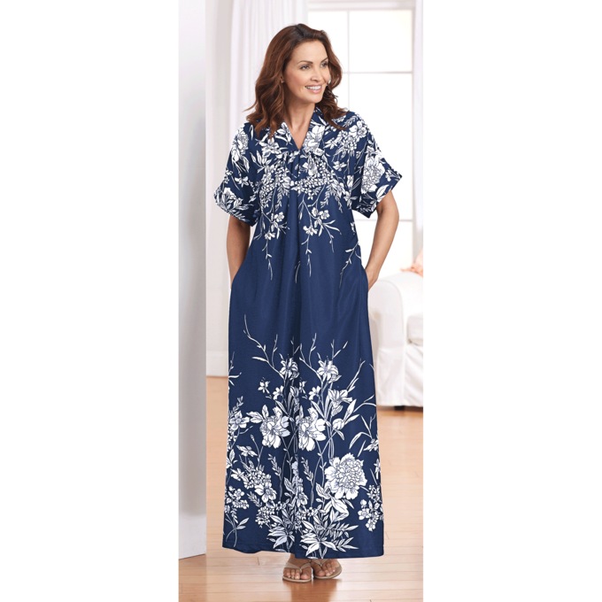 Trapunto Trim Caftan, Navy Floral, large