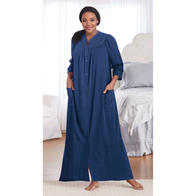 Snap-Front Long Terry Robe, Navy, large