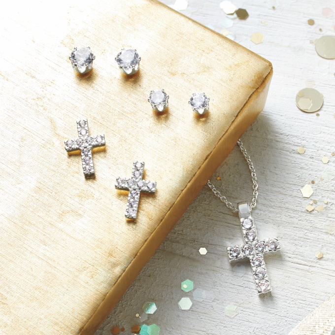 Cubic Zirconia Cross Pendant & 3-Pair Earring Set, Silvertone, large