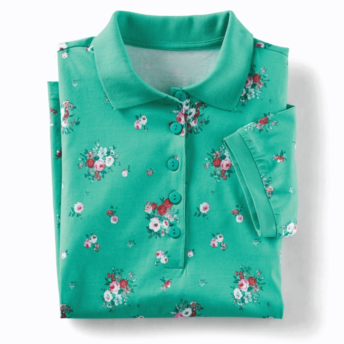 Knit Polo Top, Green Tonal Floral, large