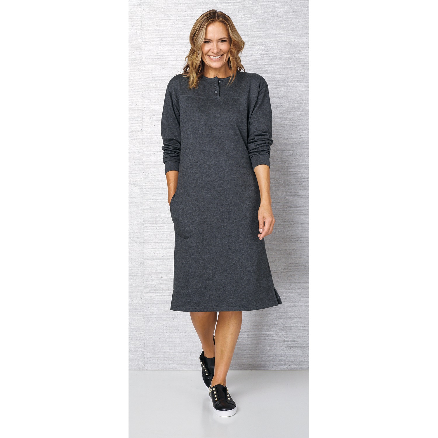 Henley Sweatshirt Dress Solid Carol Wright