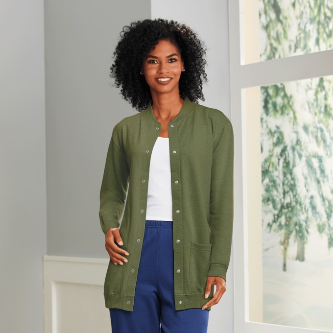 Snap-Front Cardigan, Olive, large