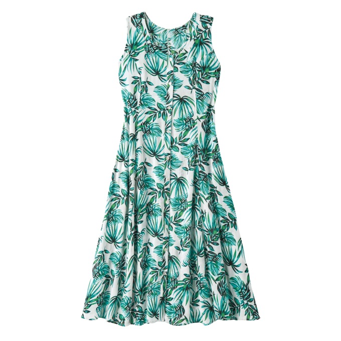 Sleeveless Button-Front Print Dress, Green Leaf, large