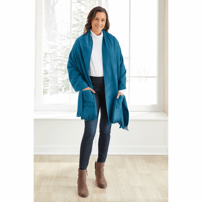 Fleece Shawl with Patch Pockets, Teal, large