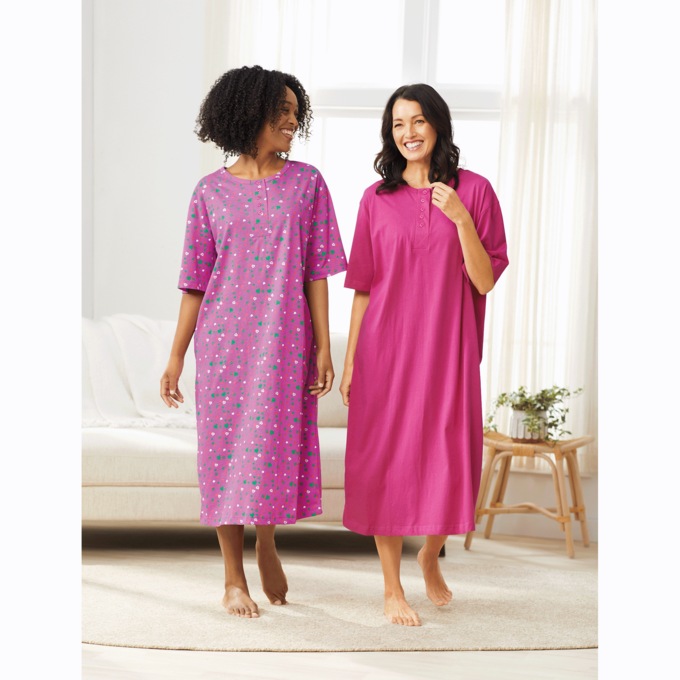 2-Pack Cotton Knit Henley Nightshirts for Women, , large