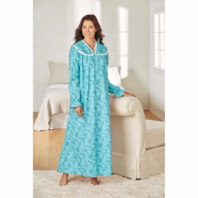Flannel Nightgown with Lace Trim, , large