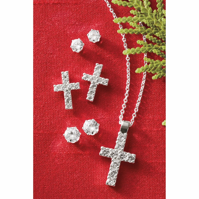 Cubic Zirconia Cross Pendant & 3-Pair Earring Set, Silvertone, large