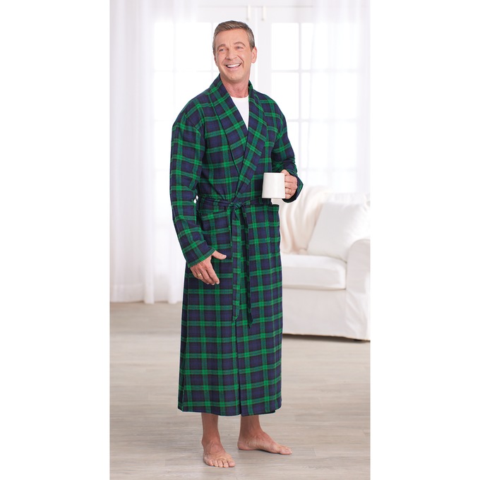 Men's Flannel Wrap Robe, Navy, large