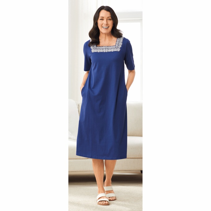 Embroidered Square-Neck Dress, , large