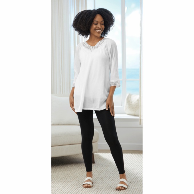 Lace-Trimmed Gauze Top, , large