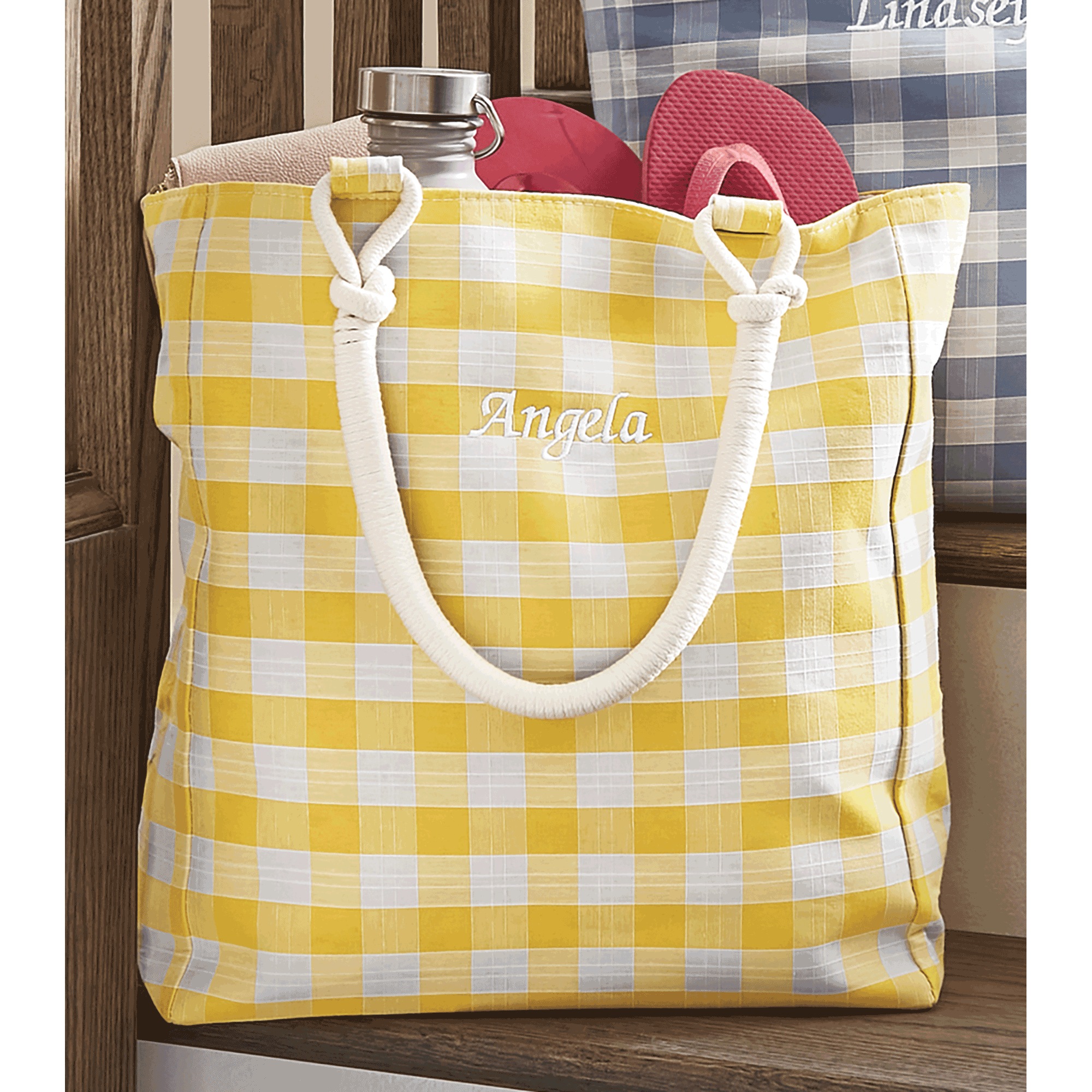 Personalized Farmhouse Tote, Yellow White Check, large