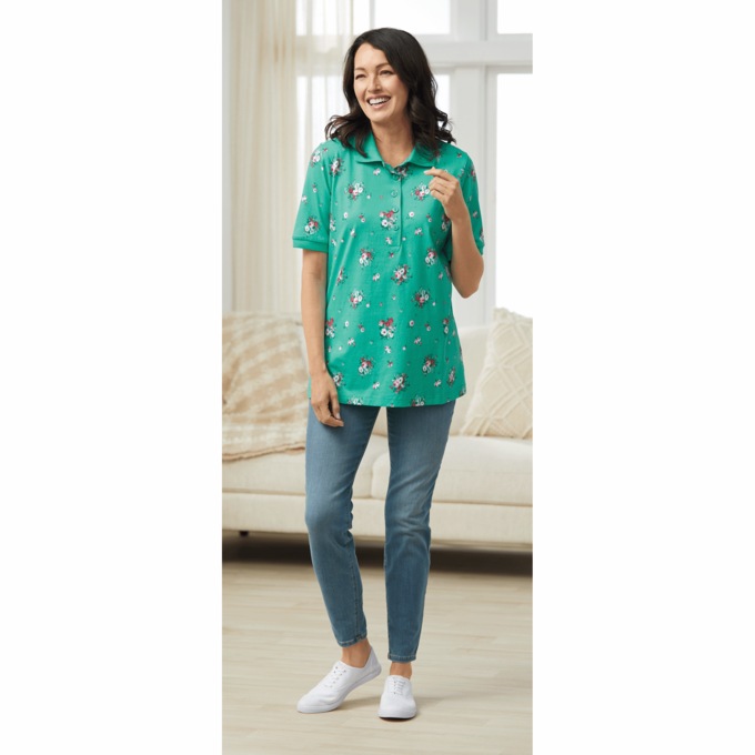Knit Polo Top, Green Tonal Floral, large