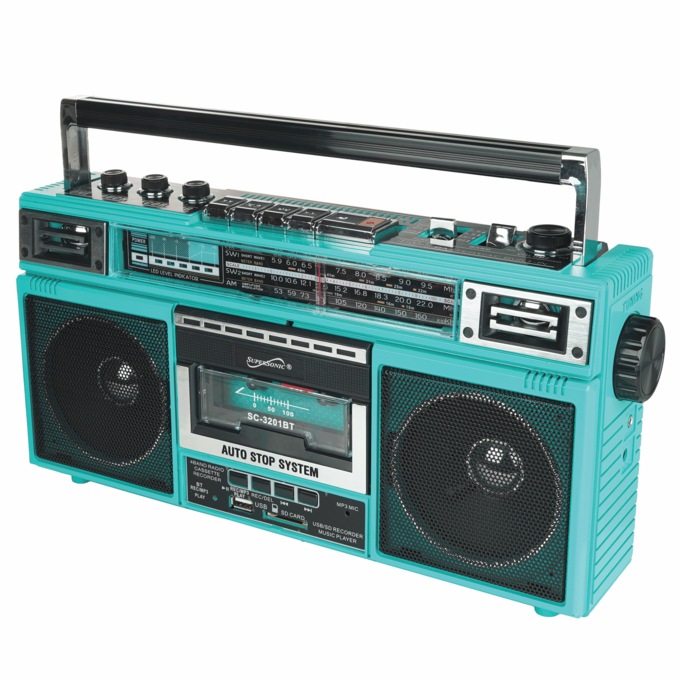 Supersonic 4-Band Radio and Cassette Player with Bluetooth, Teal, large