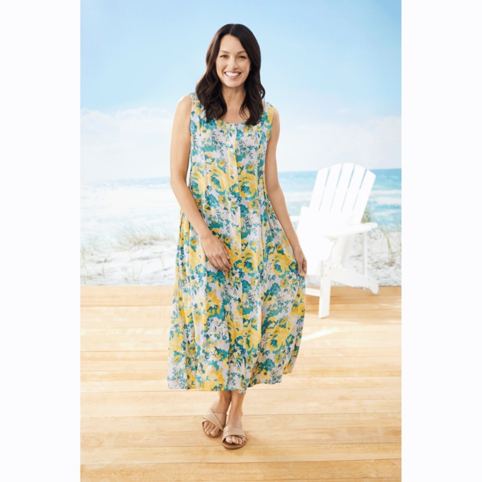 Sleeveless Button-Front Printed Dress, , large