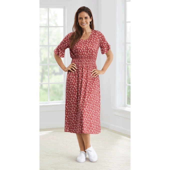 Patterned Smocked Waist Dress, Berry Print, large
