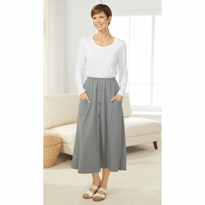 Ribbed Knit Midi Skirt, Heather Gray, large