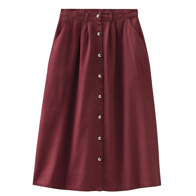 Button-Front Denim Skirt, Burgundy, large